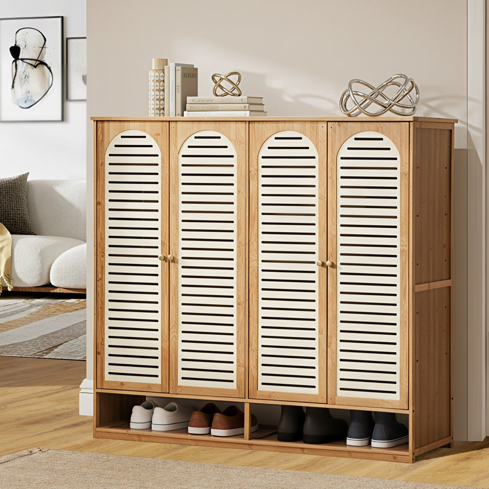 Shoe Storage Cabinet 4 Doors Bamboo Shoe Shelf Beige