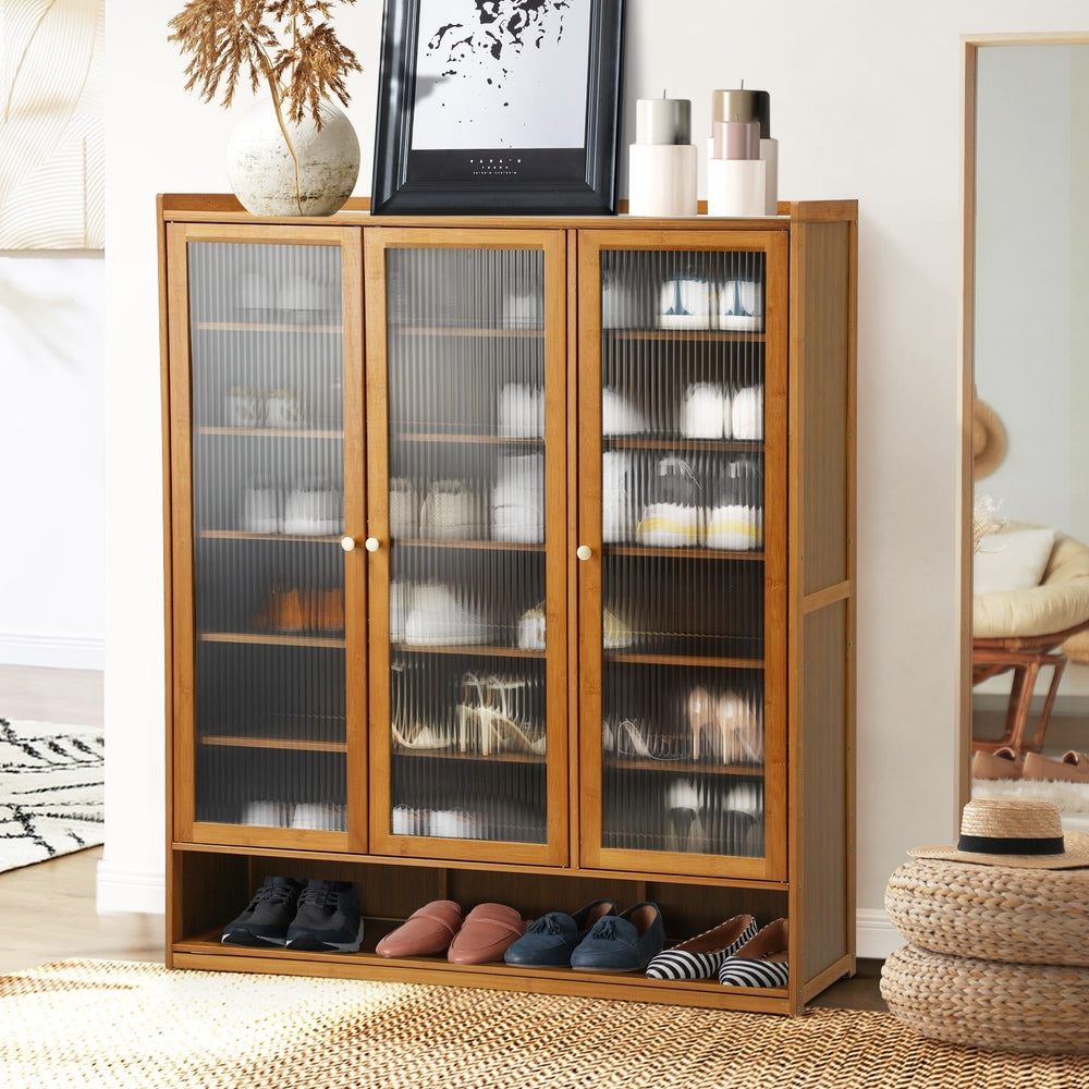 Oikiture Shoe Storage Cabinet 3 Doors 7 Shelves Brown