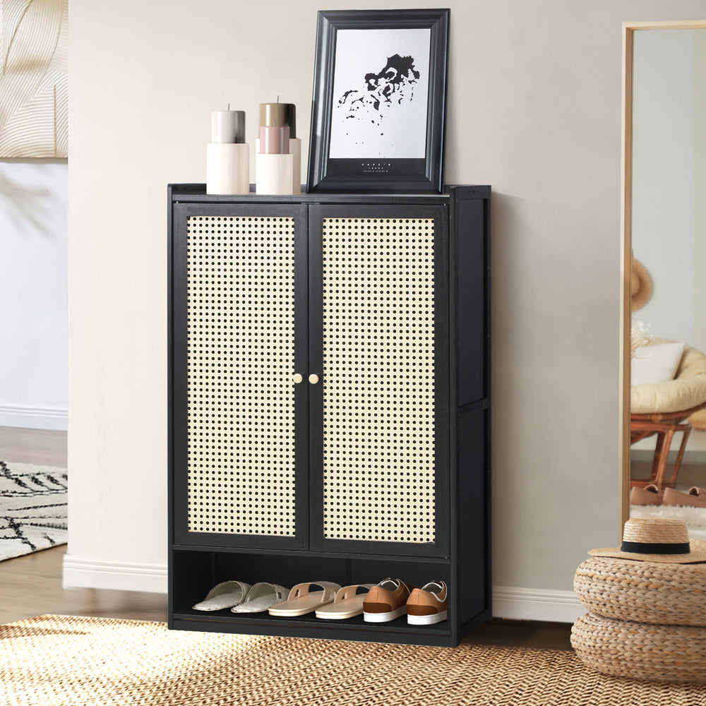 Shoe Storage Cabinet 2 Doors Rattan Black