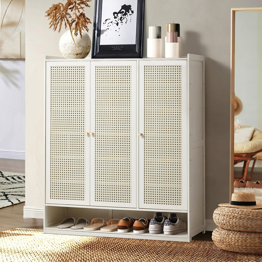 Shoe Storage Cabinet White – 7‑Tier Rattan Door Cupboard 45‑Pair