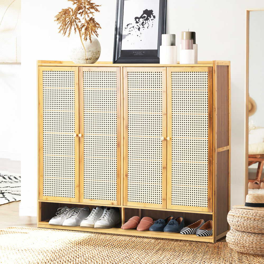 Shoe Storage Cabinet 4 Doors Rattan Brown