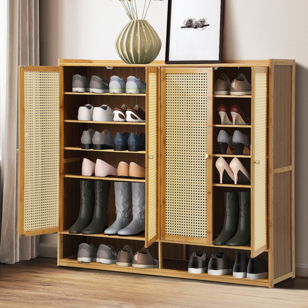 Shoe Storage Cabinet 4 Doors Rattan Brown