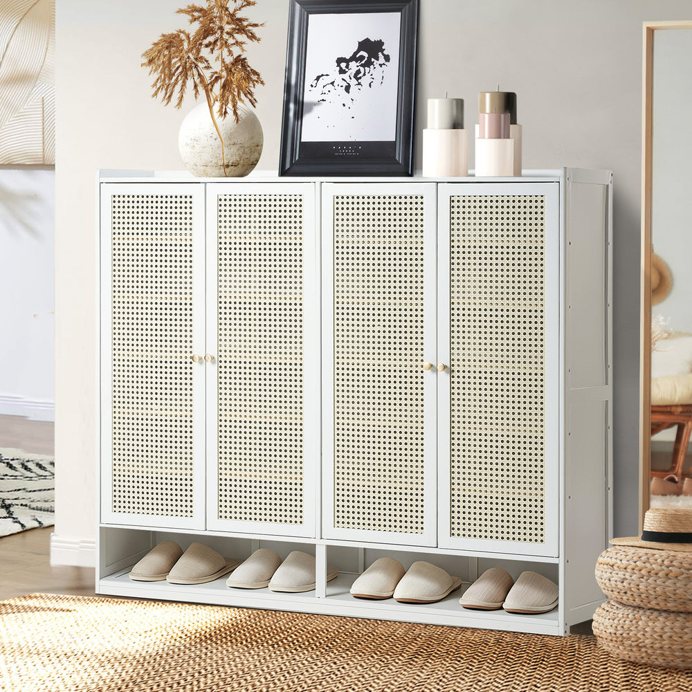 Oikiture Shoe Cabinet 4 Door Rattan 6 Tier Storage Rack Organiser White