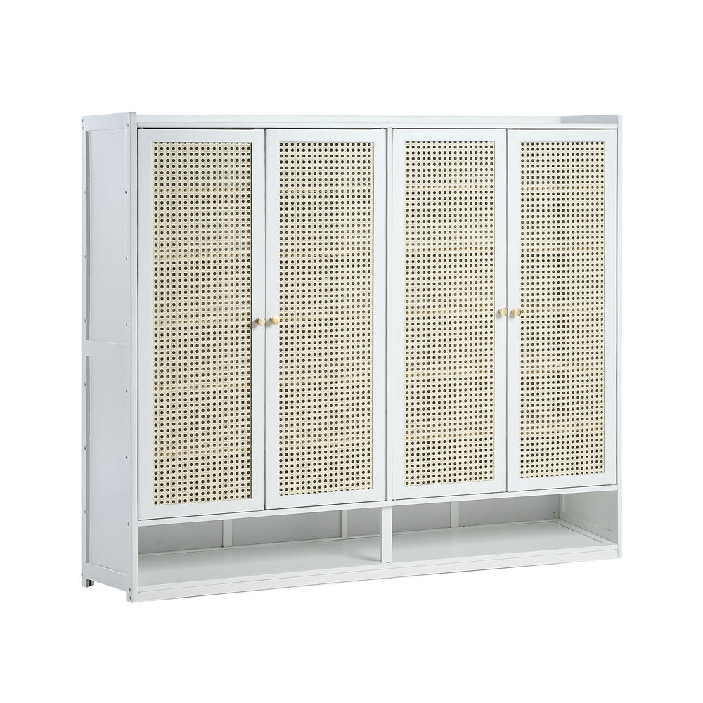 Oikiture Shoe Cabinet 4 Door Rattan 6 Tier Storage Rack Organiser White