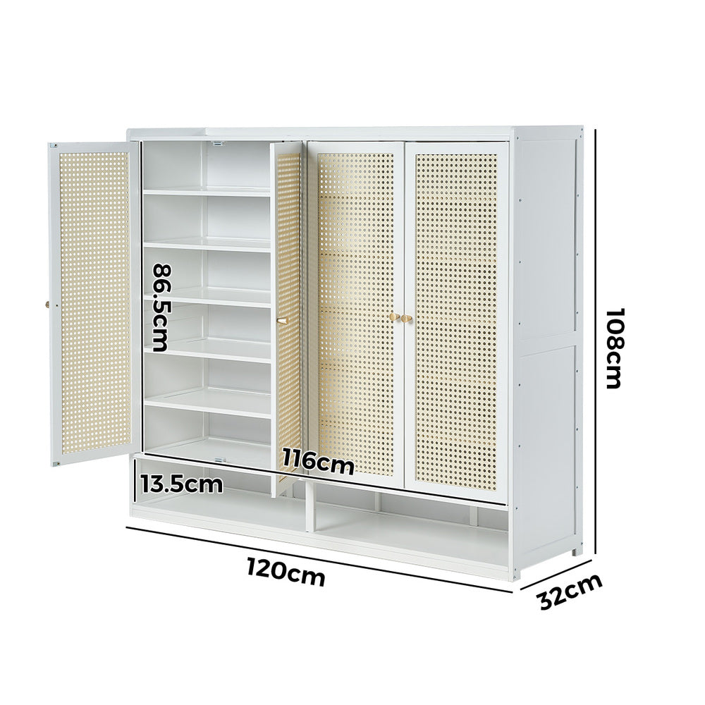 Oikiture Shoe Cabinet 4 Door Rattan 6 Tier Storage Rack Organiser White