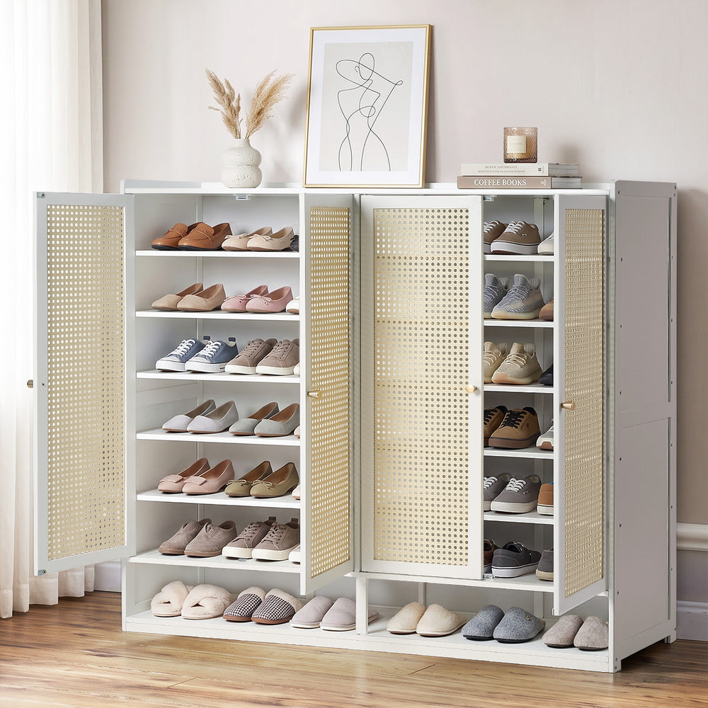 Oikiture Shoe Cabinet 4 Door Rattan 6 Tier Storage Rack Organiser White
