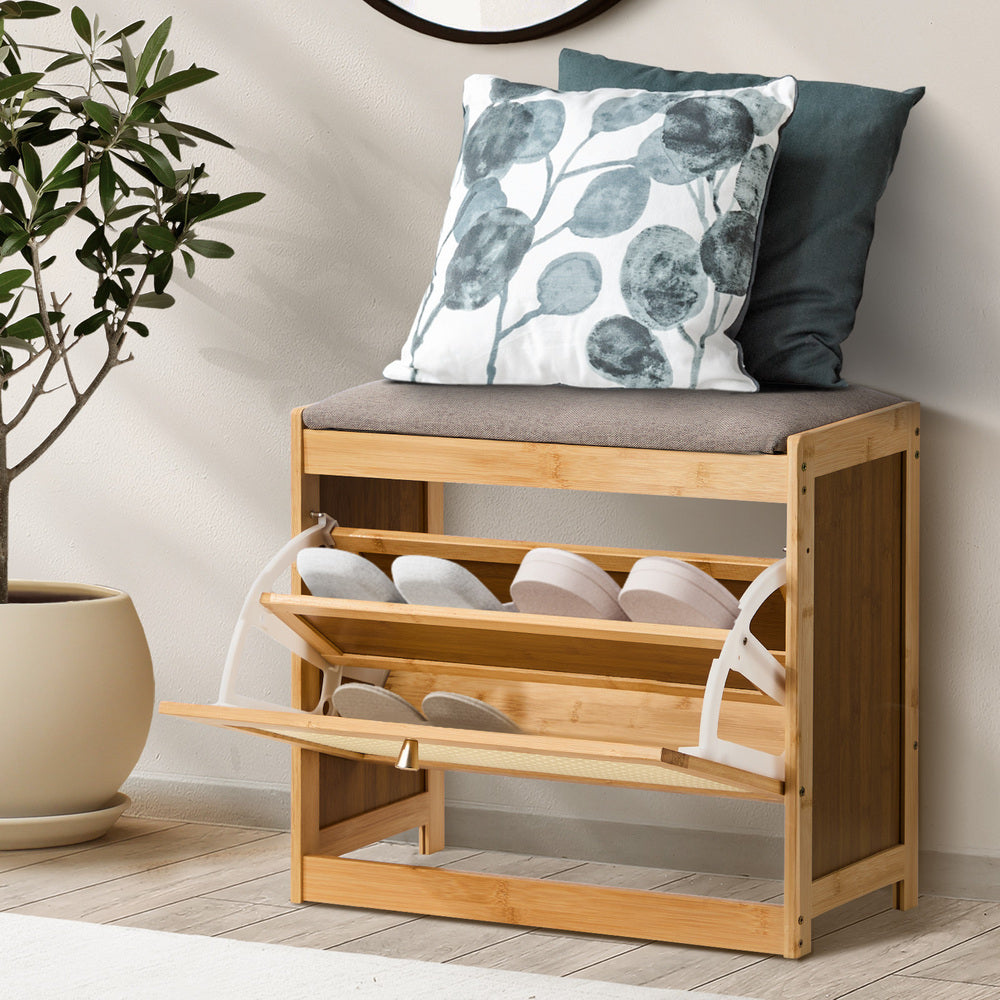 Oikiture Shoe Storage Bench Bamboo Organiser Shelf with Seat 50cm