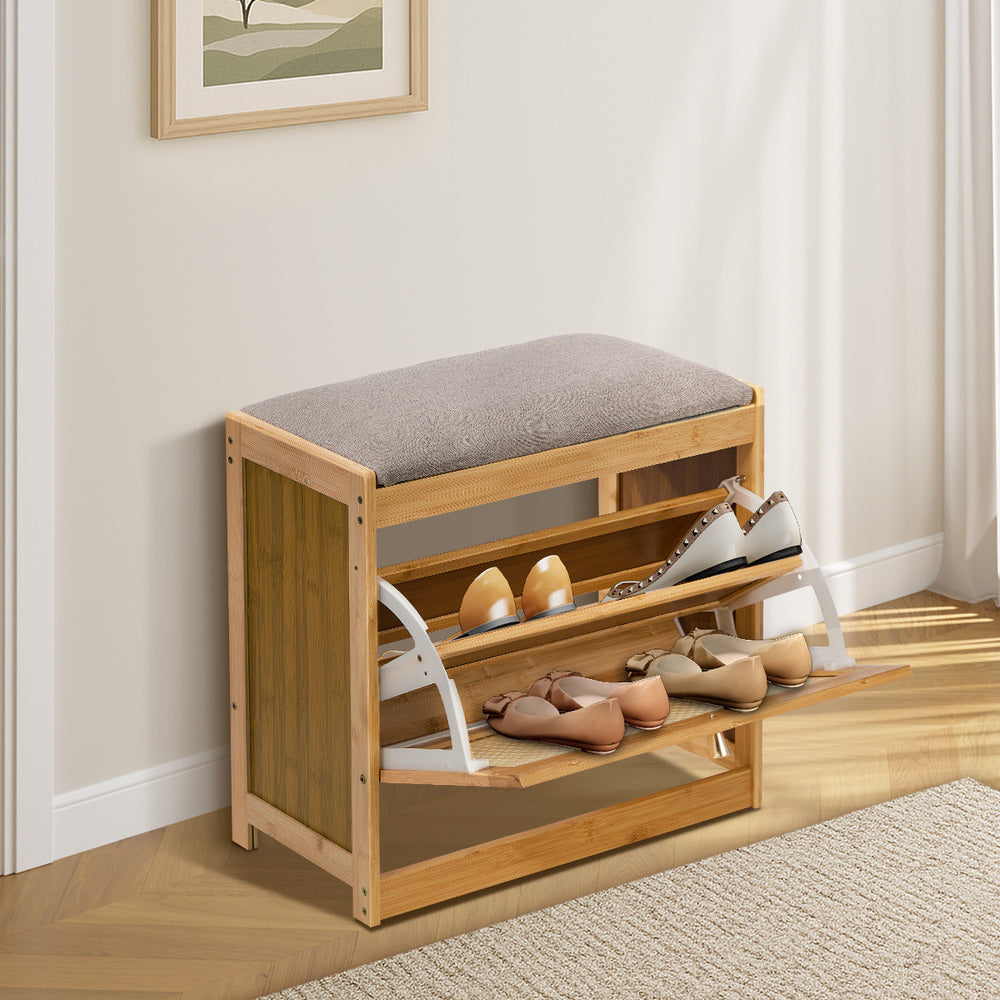 Oikiture Shoe Storage Bench Bamboo Organiser Shelf with Seat 50cm
