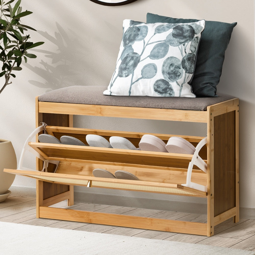 Oikiture Shoe Storage Bench Bamboo Organiser Shelf with Seat 70cm