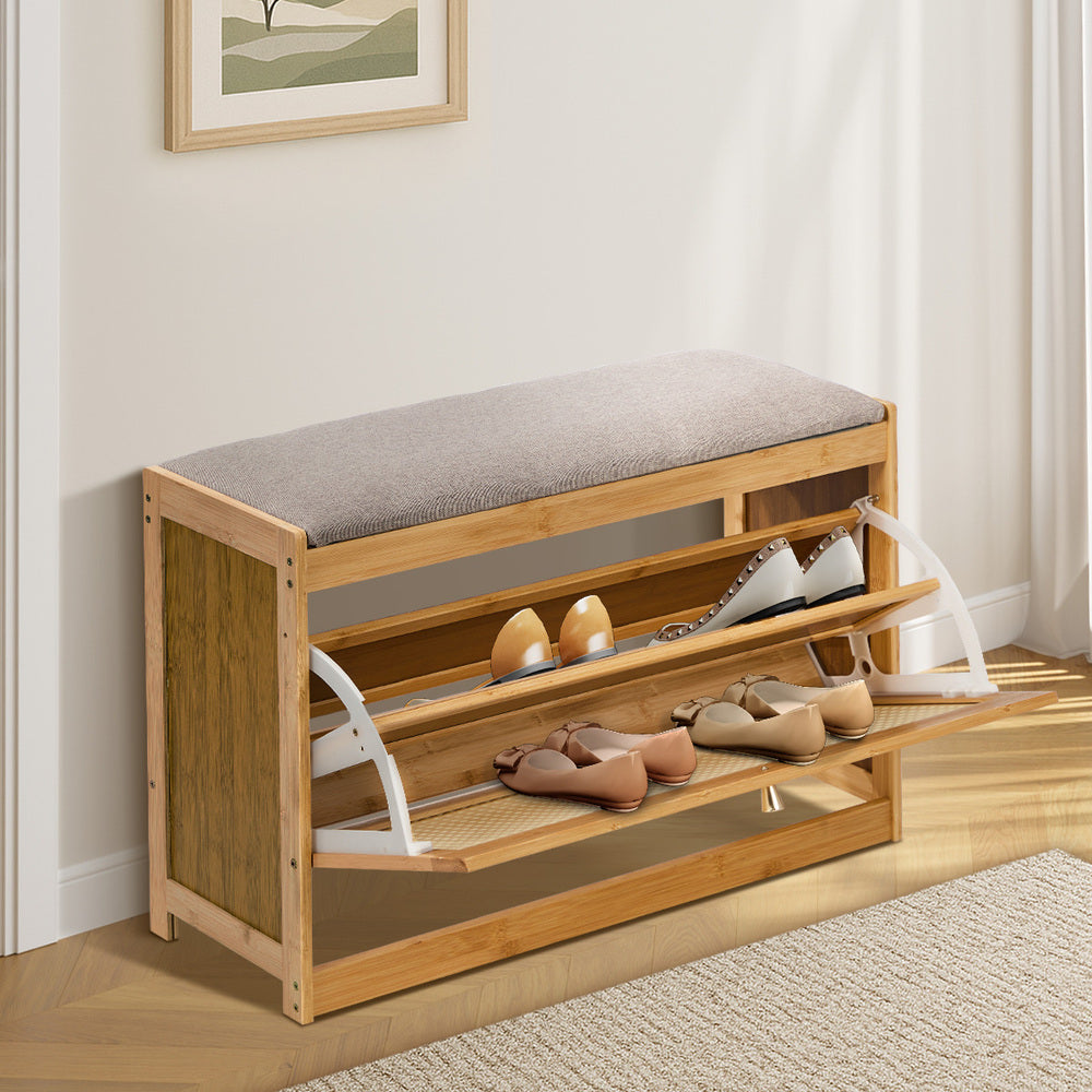 Oikiture Shoe Storage Bench Bamboo Organiser Shelf with Seat 70cm
