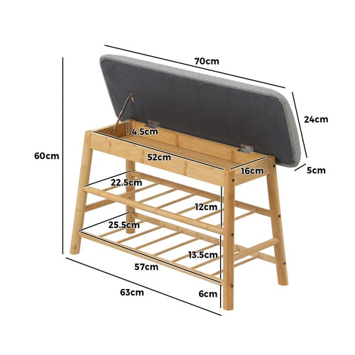 Oikiture Rattan Shoe Storage Bench 70cm – Bamboo Rack with Hidden Seat Storage
