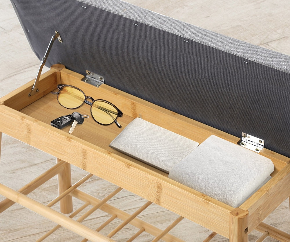 Oikiture Rattan Shoe Storage Bench 70cm – Bamboo Rack with Hidden Seat Storage