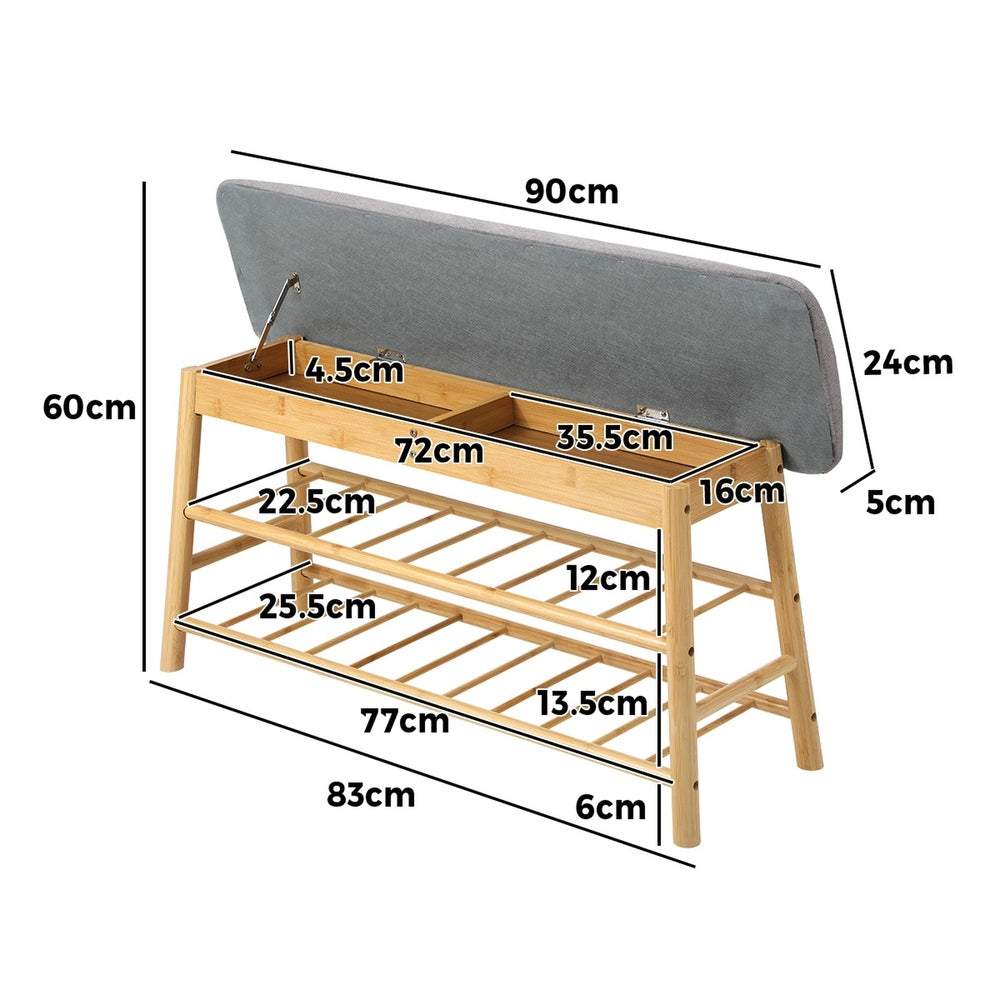 Oikiture Rattan Shoe Storage Bench – Bamboo 2‑Tier Rack with Hidden Seat Storage