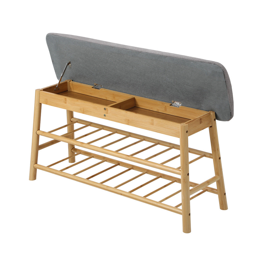 Oikiture Rattan Shoe Storage Bench – Bamboo 2‑Tier Rack with Hidden Seat Storage