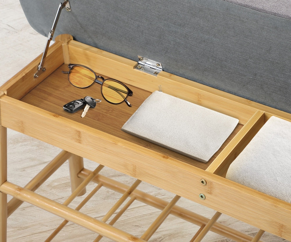 Oikiture Rattan Shoe Storage Bench – Bamboo 2‑Tier Rack with Hidden Seat Storage