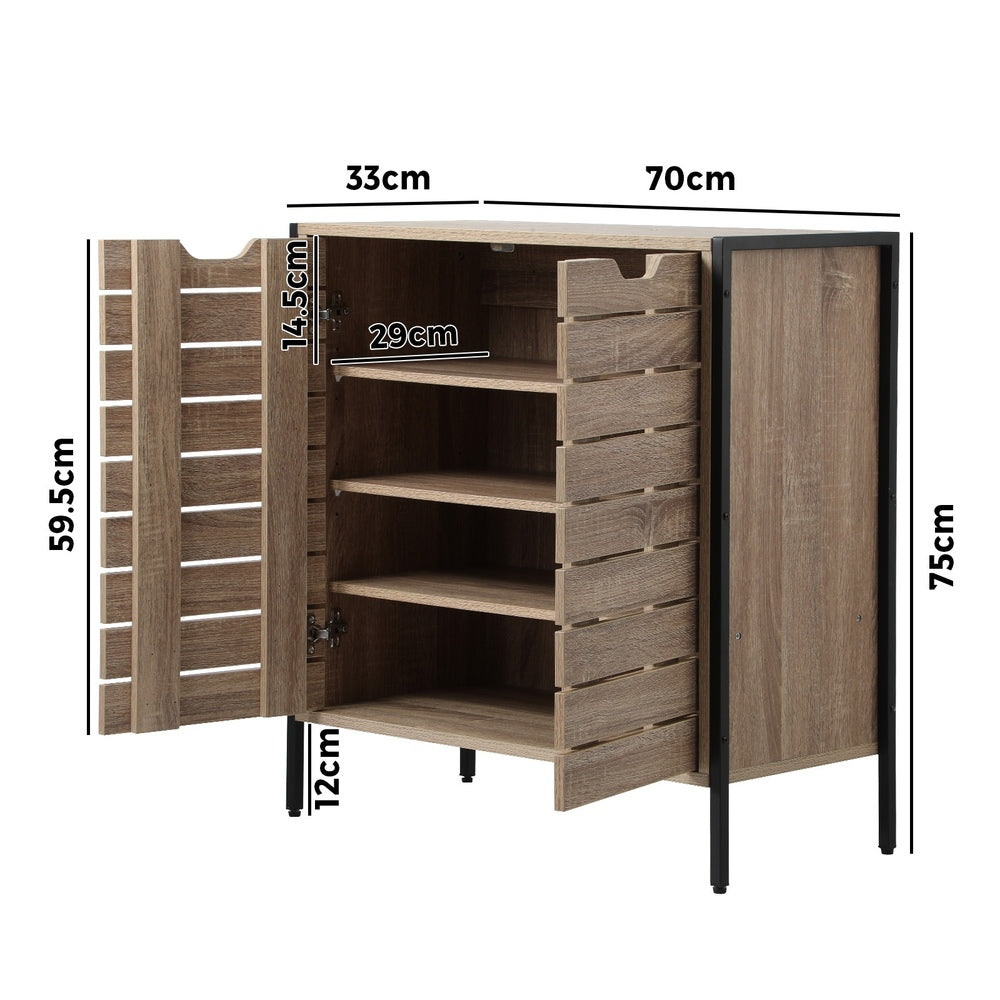 Oikiture Shoes Storage Cabinet 2 Slatted Doors 4 Shelves Brown