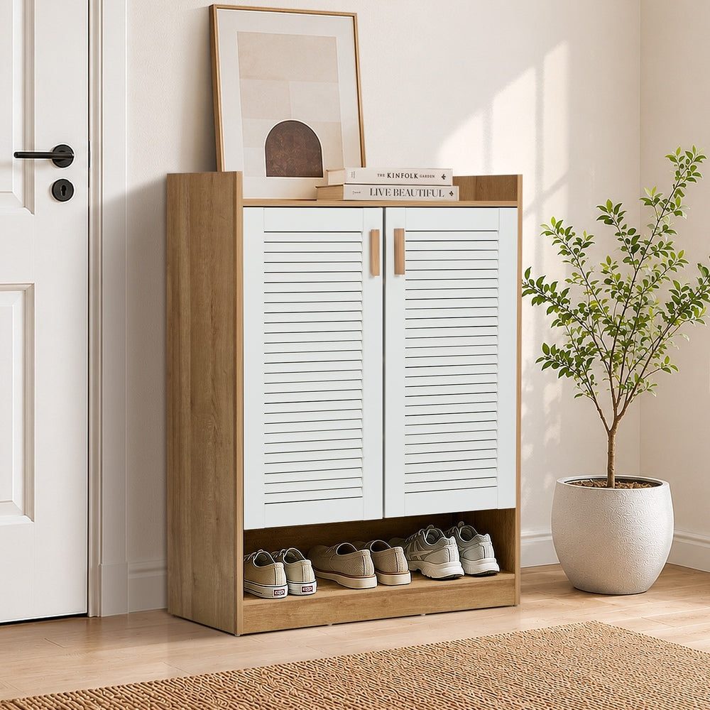 2‑Door Shoe Cabinet – Slatted Doors, Adjustable Shelves, Natural & White