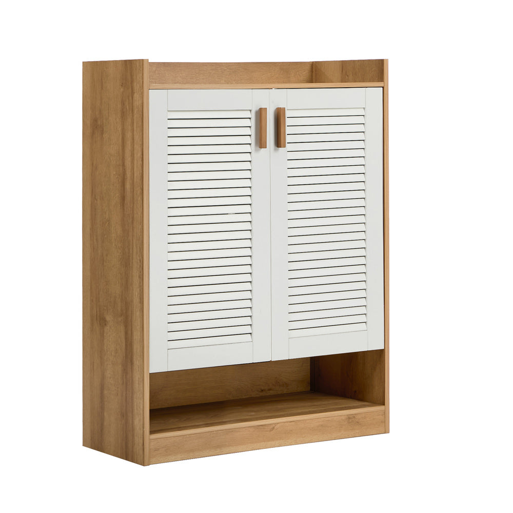 2‑Door Shoe Cabinet – Slatted Doors, Adjustable Shelves, Natural & White