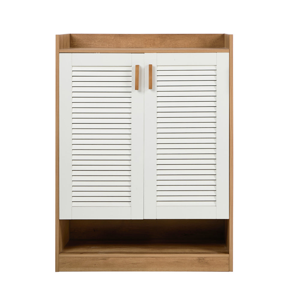 2‑Door Shoe Cabinet – Slatted Doors, Adjustable Shelves, Natural & White