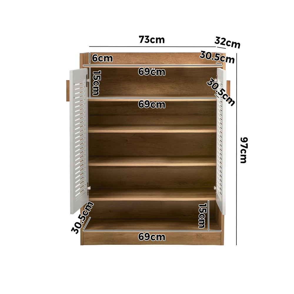 2‑Door Shoe Cabinet – Slatted Doors, Adjustable Shelves, Natural & White