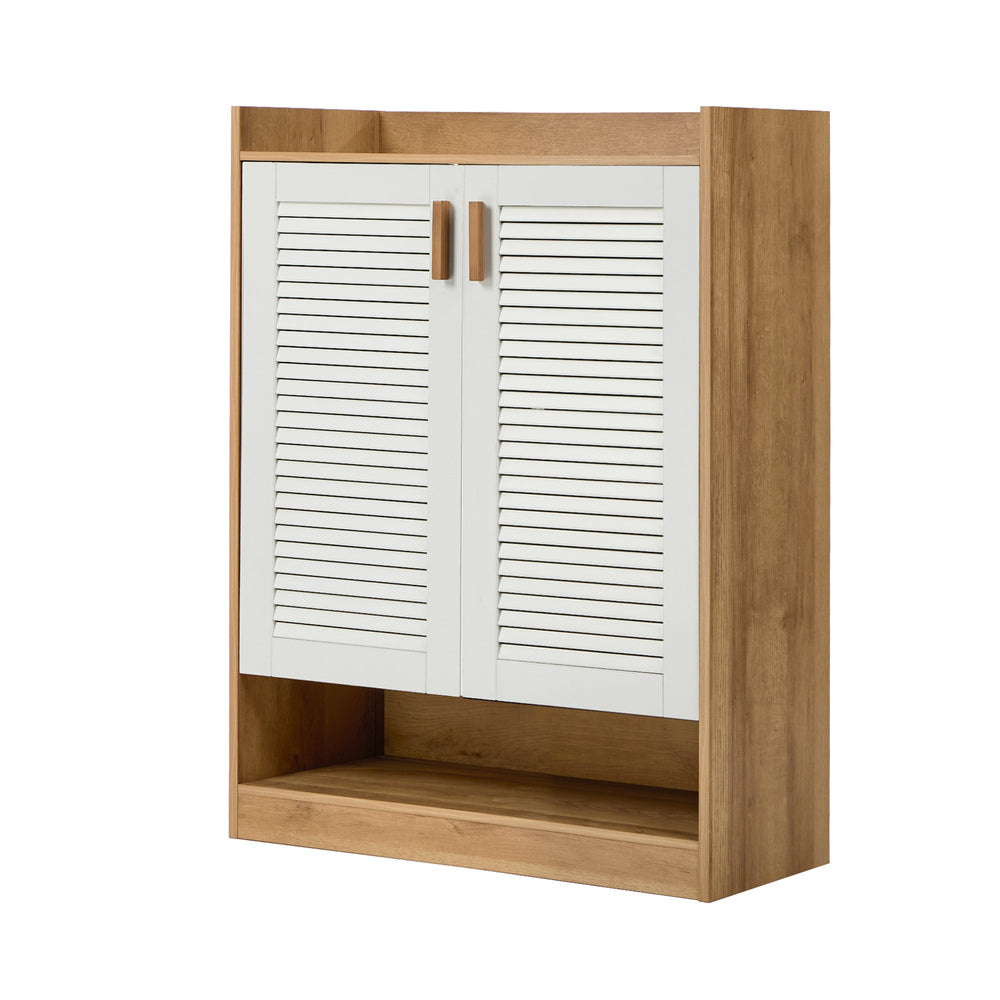 2‑Door Shoe Cabinet – Slatted Doors, Adjustable Shelves, Natural & White