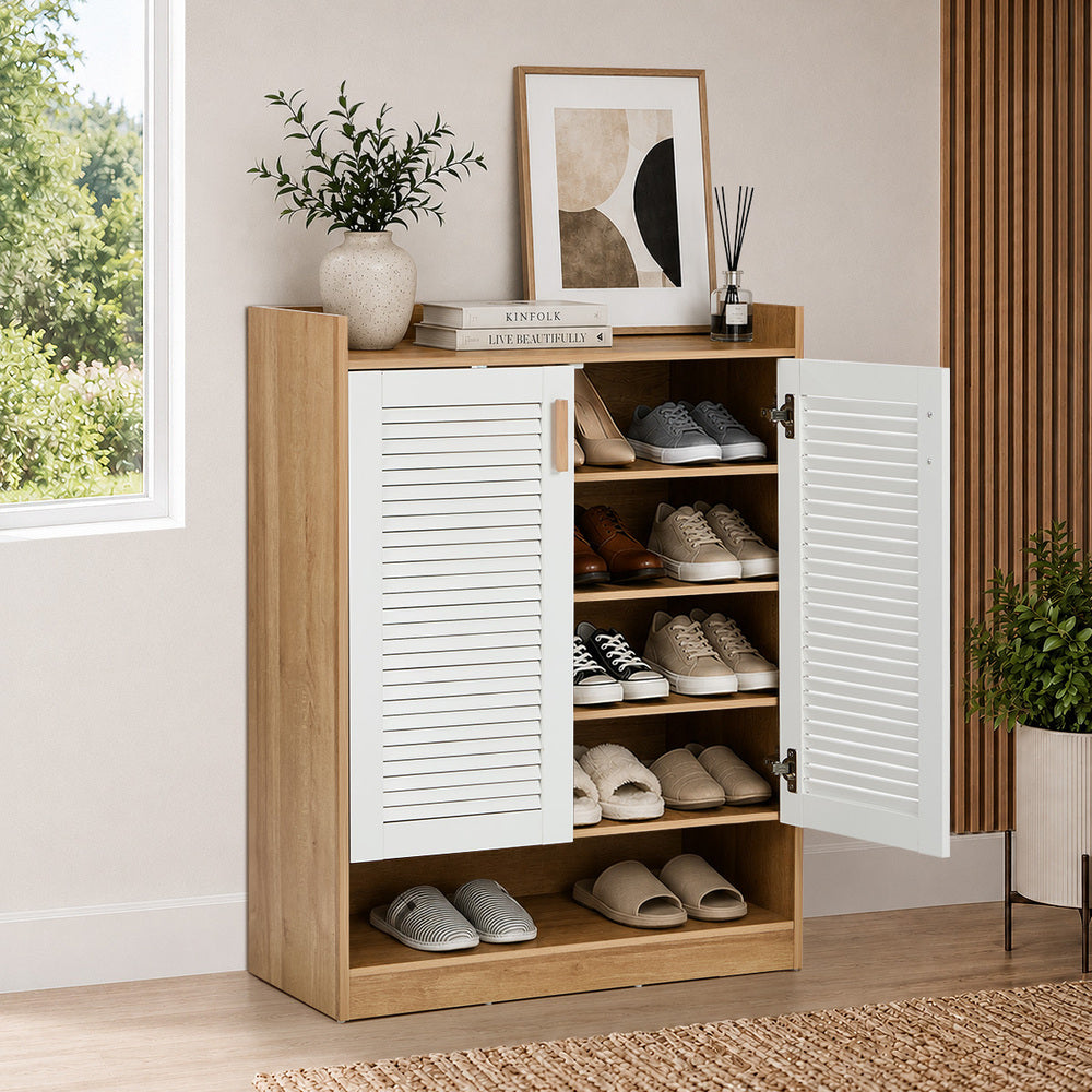 2‑Door Shoe Cabinet – Slatted Doors, Adjustable Shelves, Natural & White