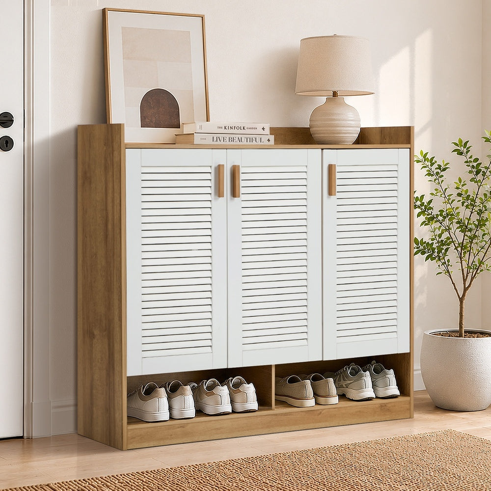3‑Door Shoe Cabinet – Slatted Doors, Adjustable Shelves, Natural & White