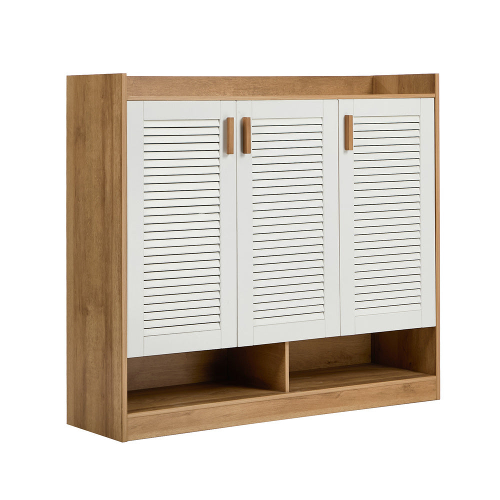 3‑Door Shoe Cabinet – Slatted Doors, Adjustable Shelves, Natural & White