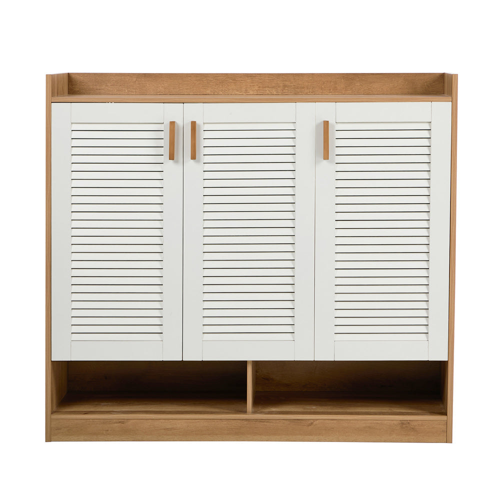 3‑Door Shoe Cabinet – Slatted Doors, Adjustable Shelves, Natural & White