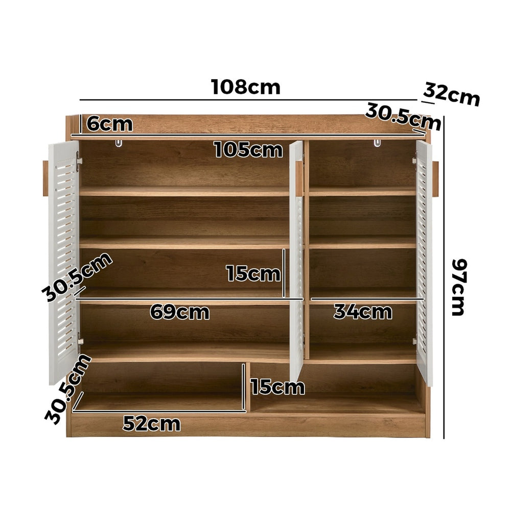 3‑Door Shoe Cabinet – Slatted Doors, Adjustable Shelves, Natural & White