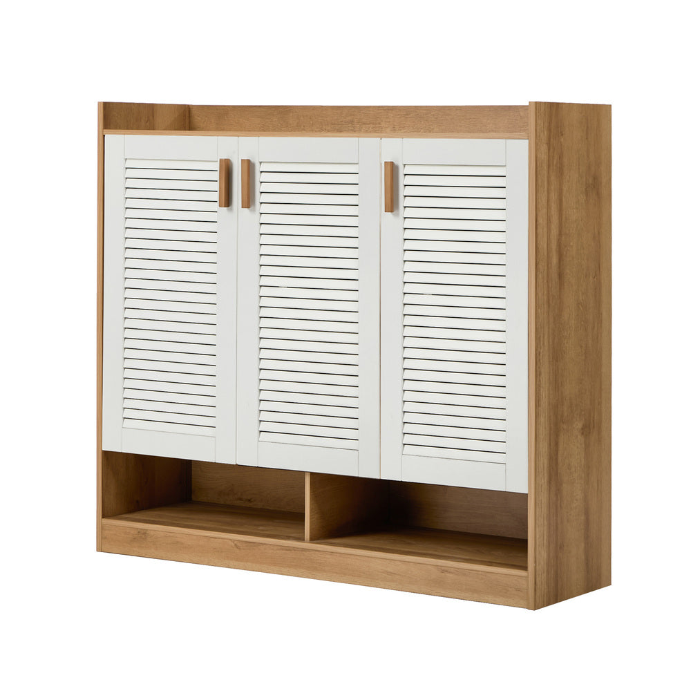 3‑Door Shoe Cabinet – Slatted Doors, Adjustable Shelves, Natural & White