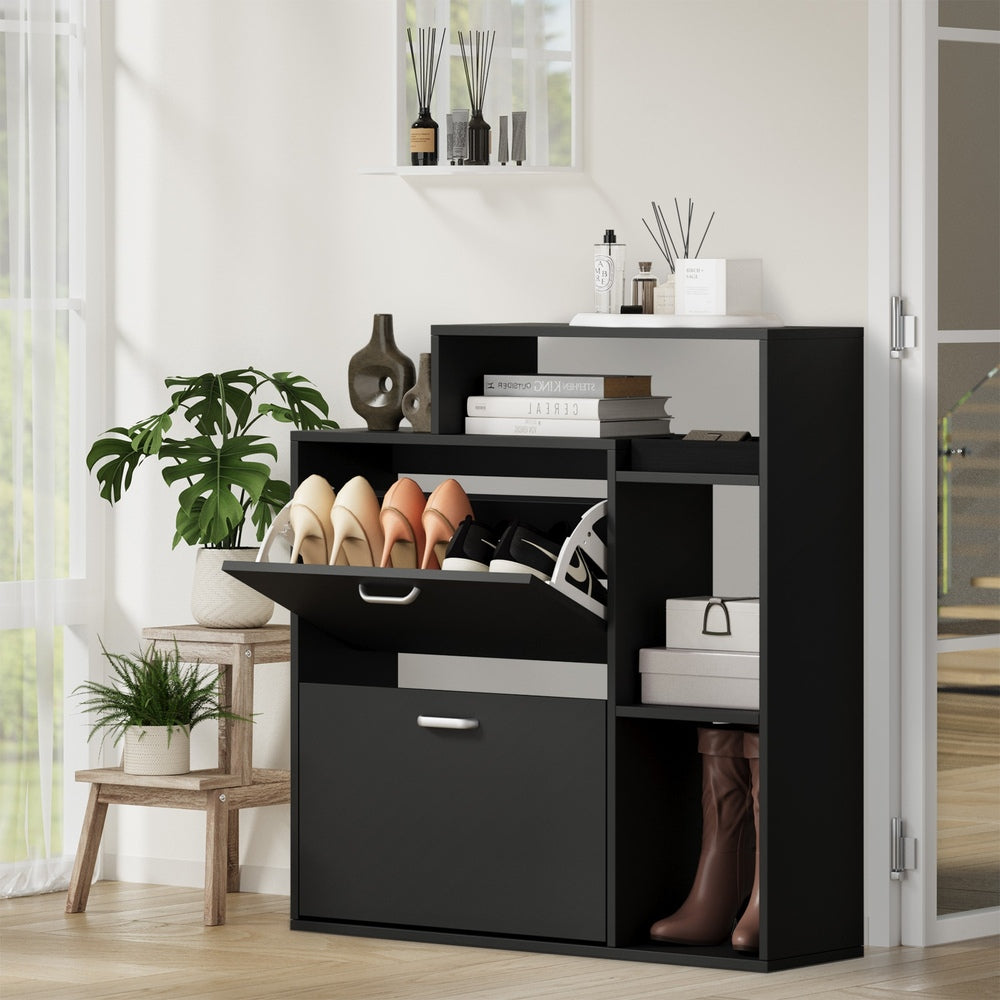 Shoe Cabinet Storage 2 Doors with Display Shelves Black