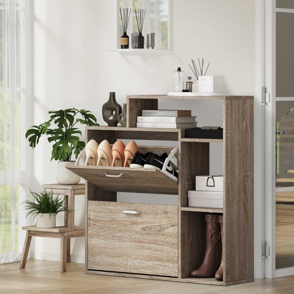 Shoe Cabinet Storage 2 Doors with Display Shelves Wooden