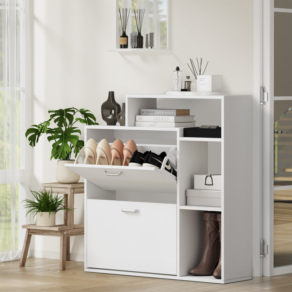 Shoe Cabinet Storage 2 Doors with Display Shelves White