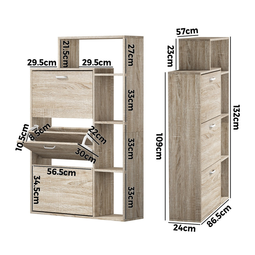 Shoe Cabinet Storage 3 Doors with Display Shelves Wooden