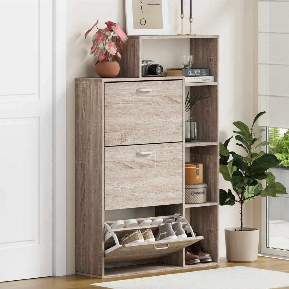 Shoe Cabinet Storage 3 Doors with Display Shelves Wooden