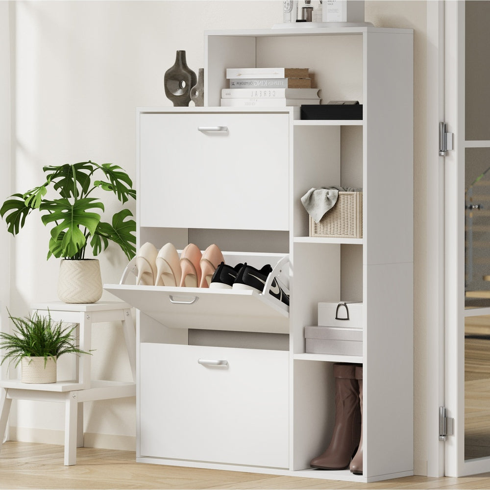 Shoe Cabinet Storage 3 Doors with Display Shelves White