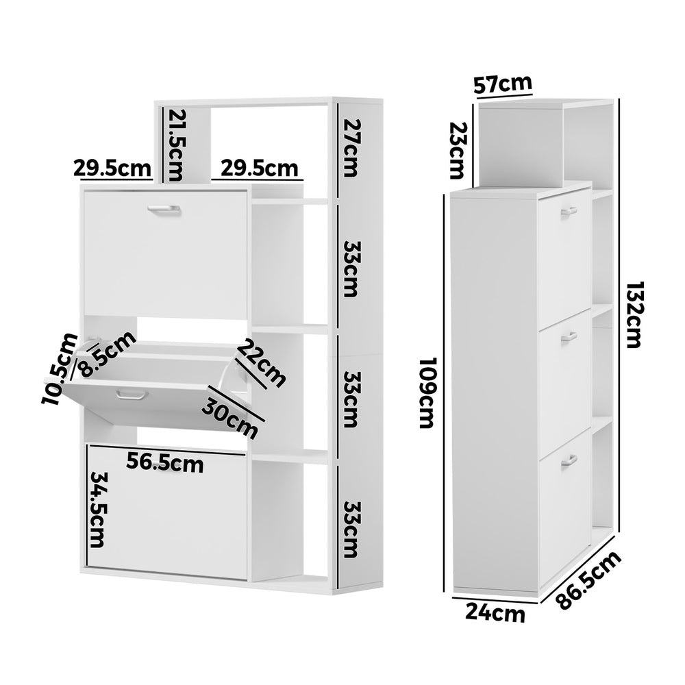 Shoe Cabinet Storage 3 Doors with Display Shelves White