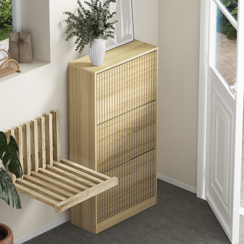 Oikiture Shoe Rack Storage Cabinet 3 Compartments Natural