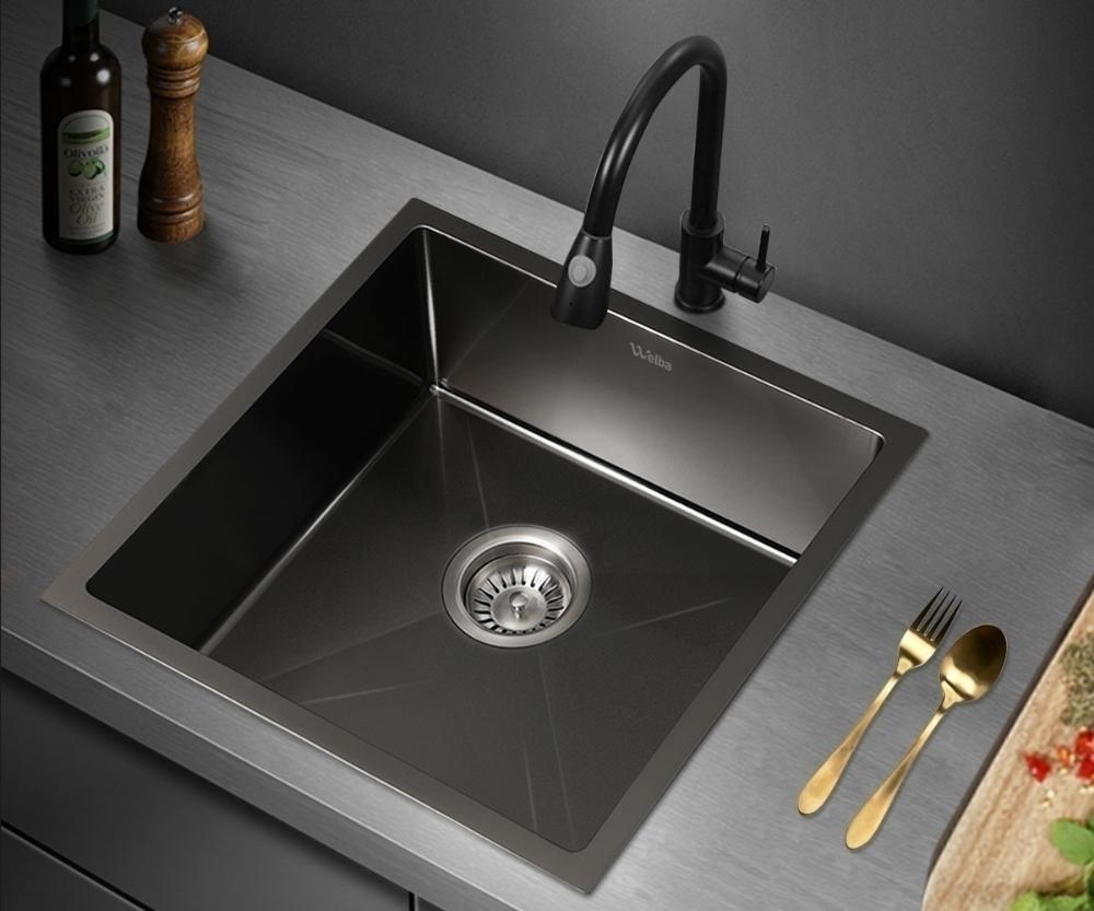 44X44CM Stainless Steel Sink Single Bowl with Waste Black
