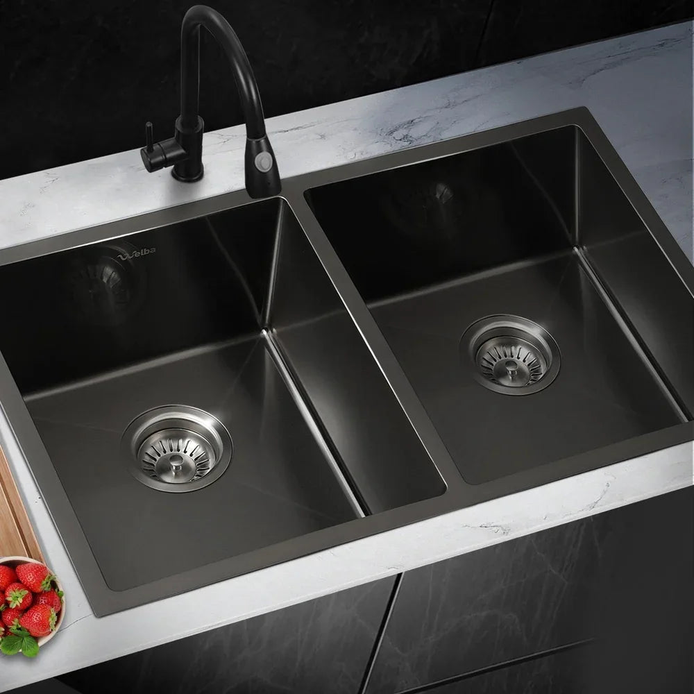 Kitchen Sink Stainless Steel Basin Double Flush Mount Black