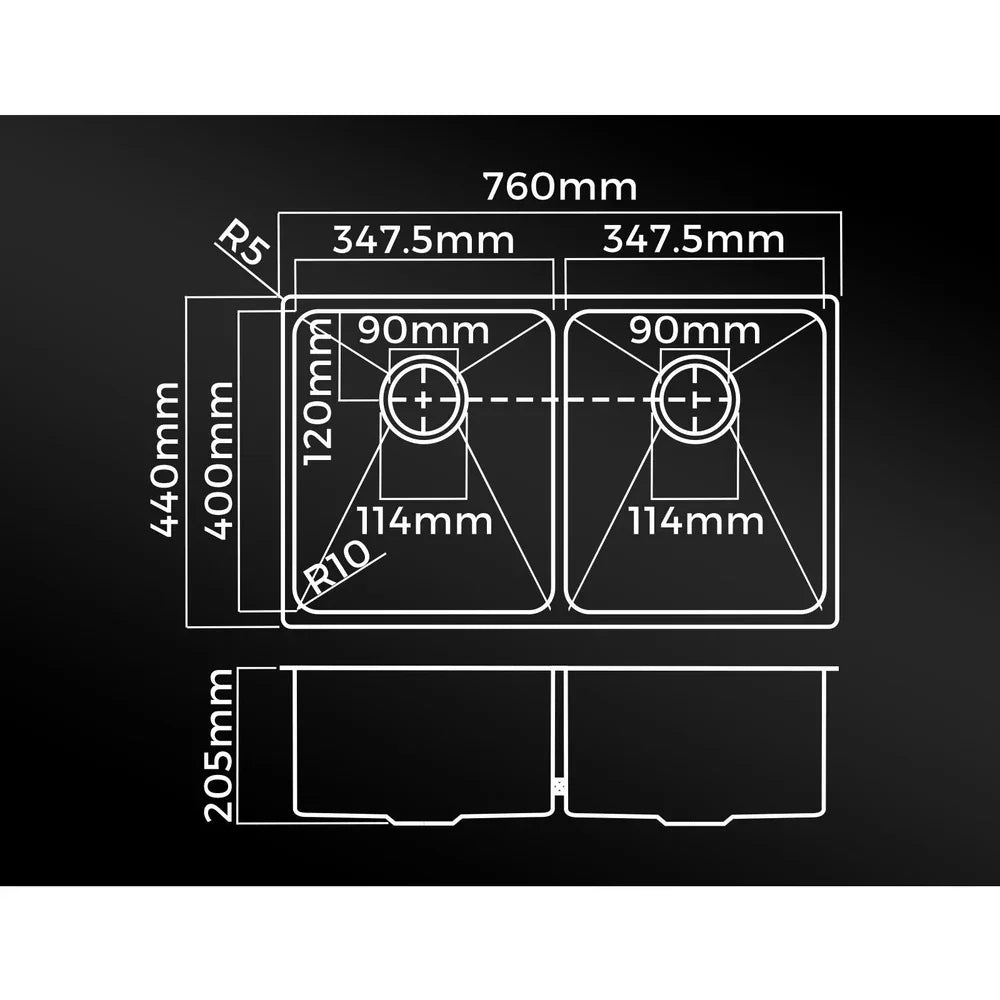 Kitchen Sink Stainless Steel Basin Double Flush Mount Black