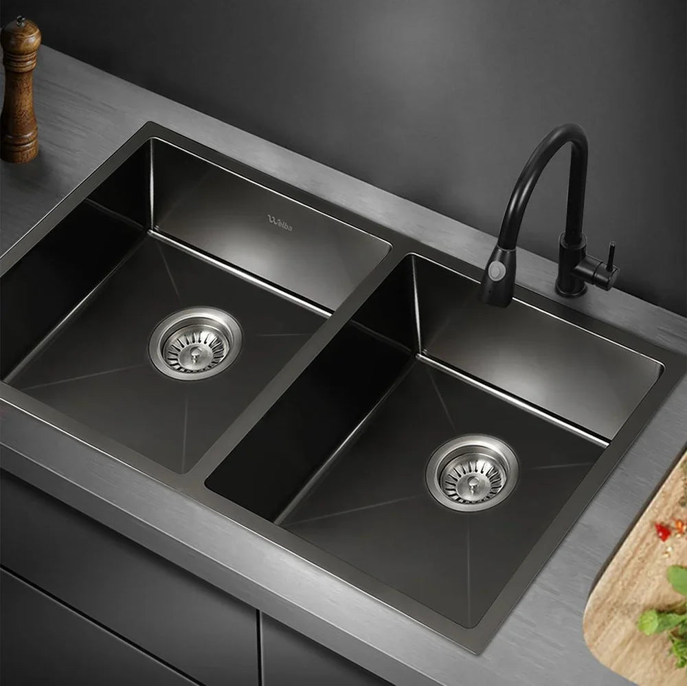 Kitchen Sink Stainless Steel Basin Double Flush Mount Black