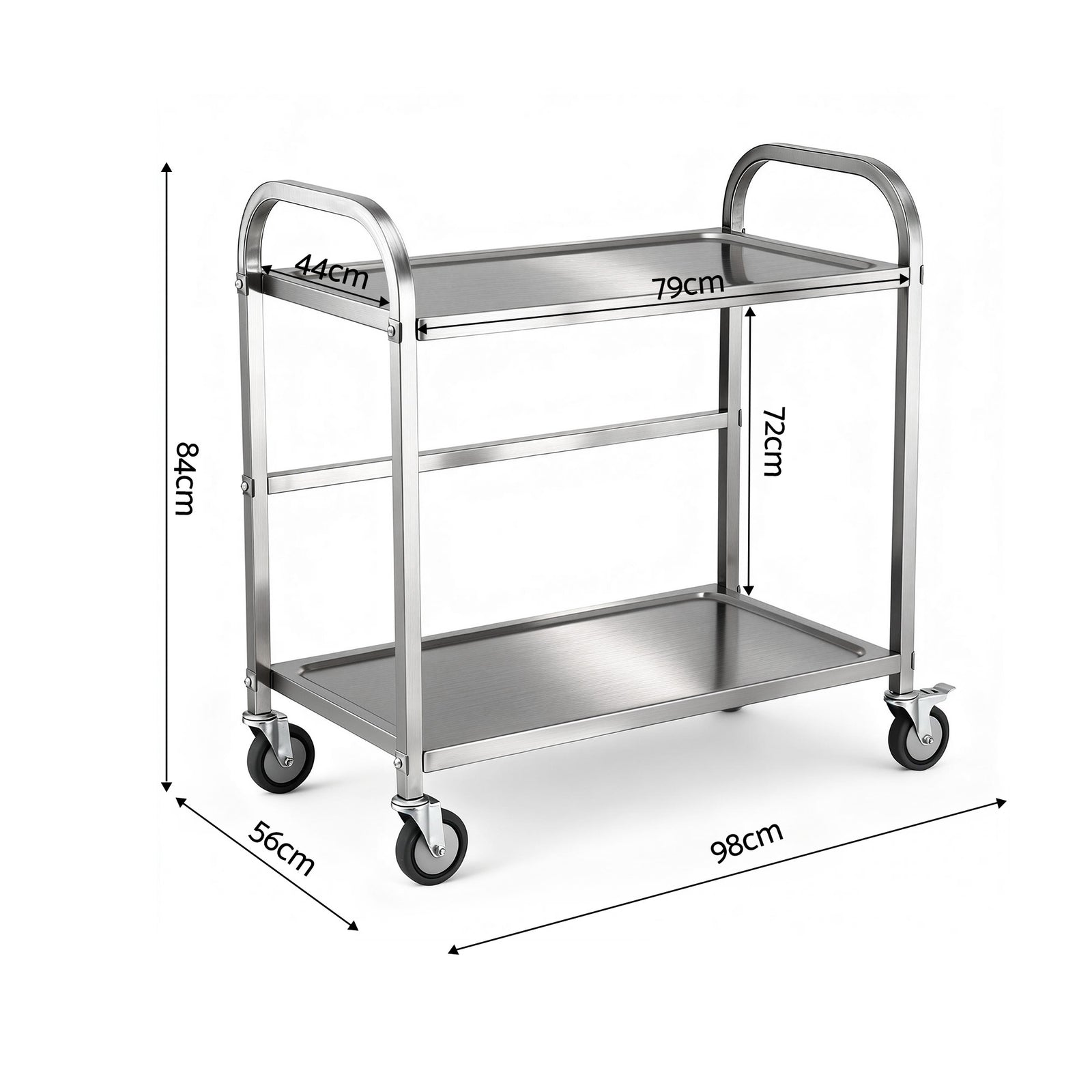 2-Tier Stainless Steel Kitchen Trolley with Wheels 84x56x98cm