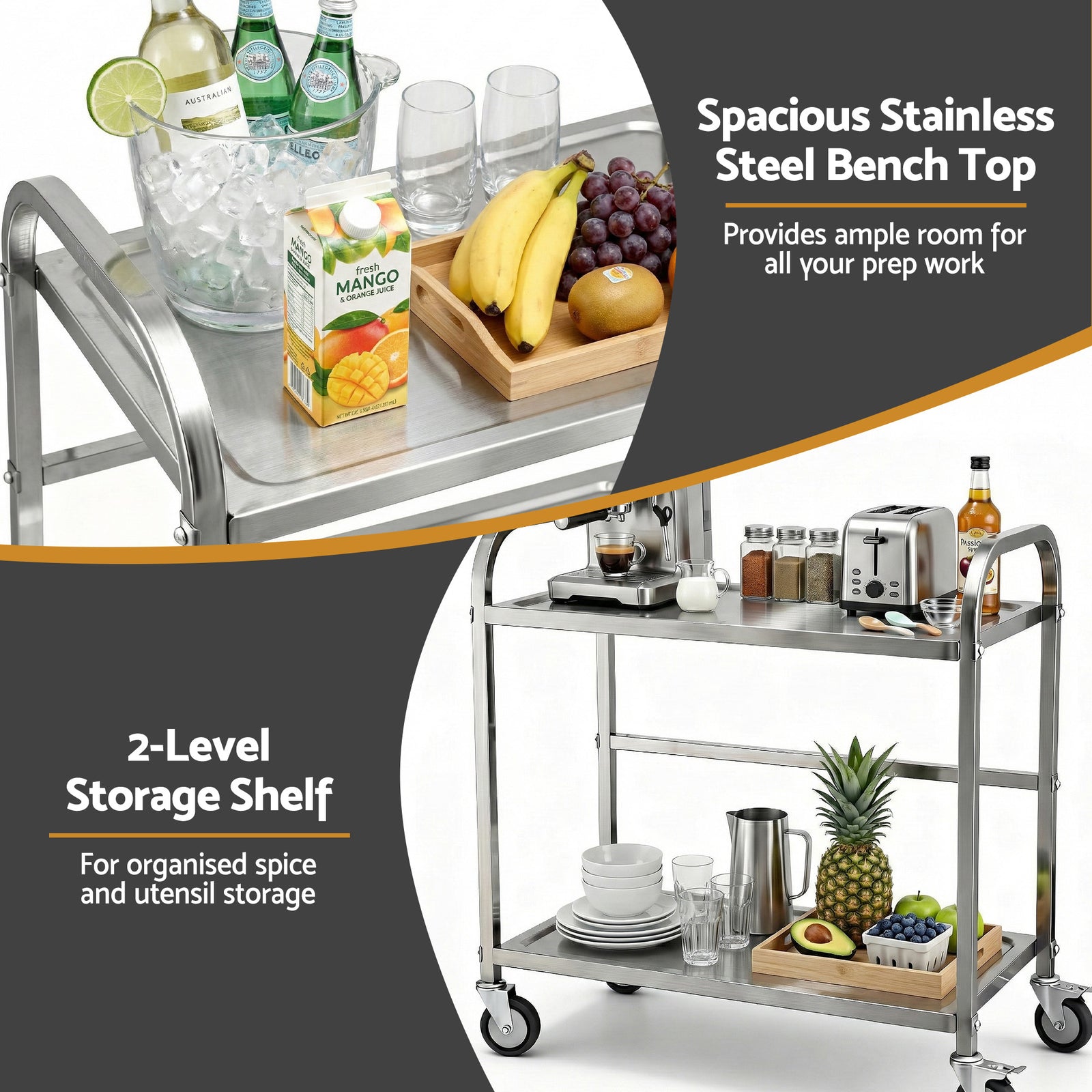 2-Tier Stainless Steel Kitchen Trolley with Wheels 84x56x98cm