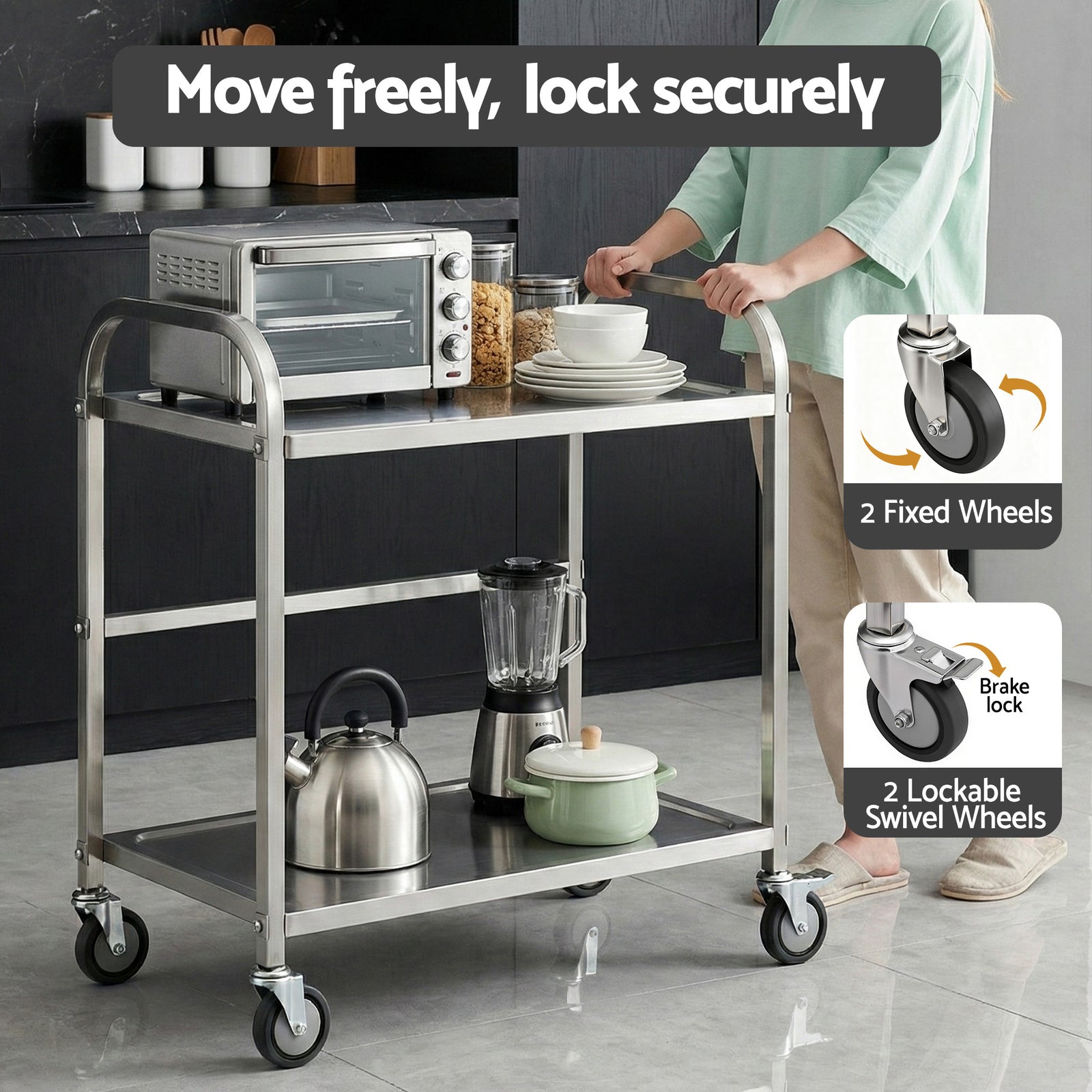 2-Tier Stainless Steel Kitchen Trolley with Wheels 84x56x98cm