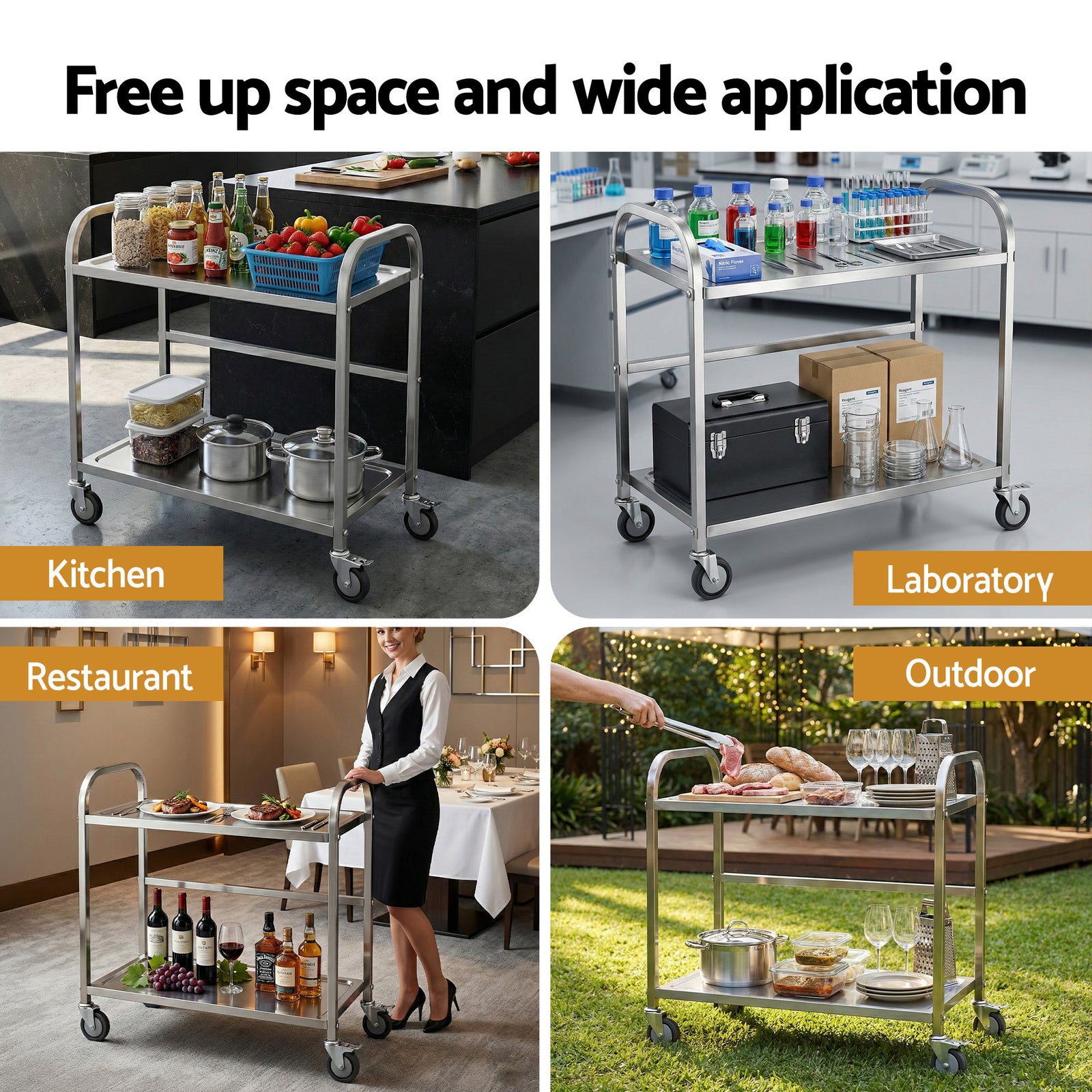 2-Tier Stainless Steel Kitchen Trolley with Wheels 84x56x98cm
