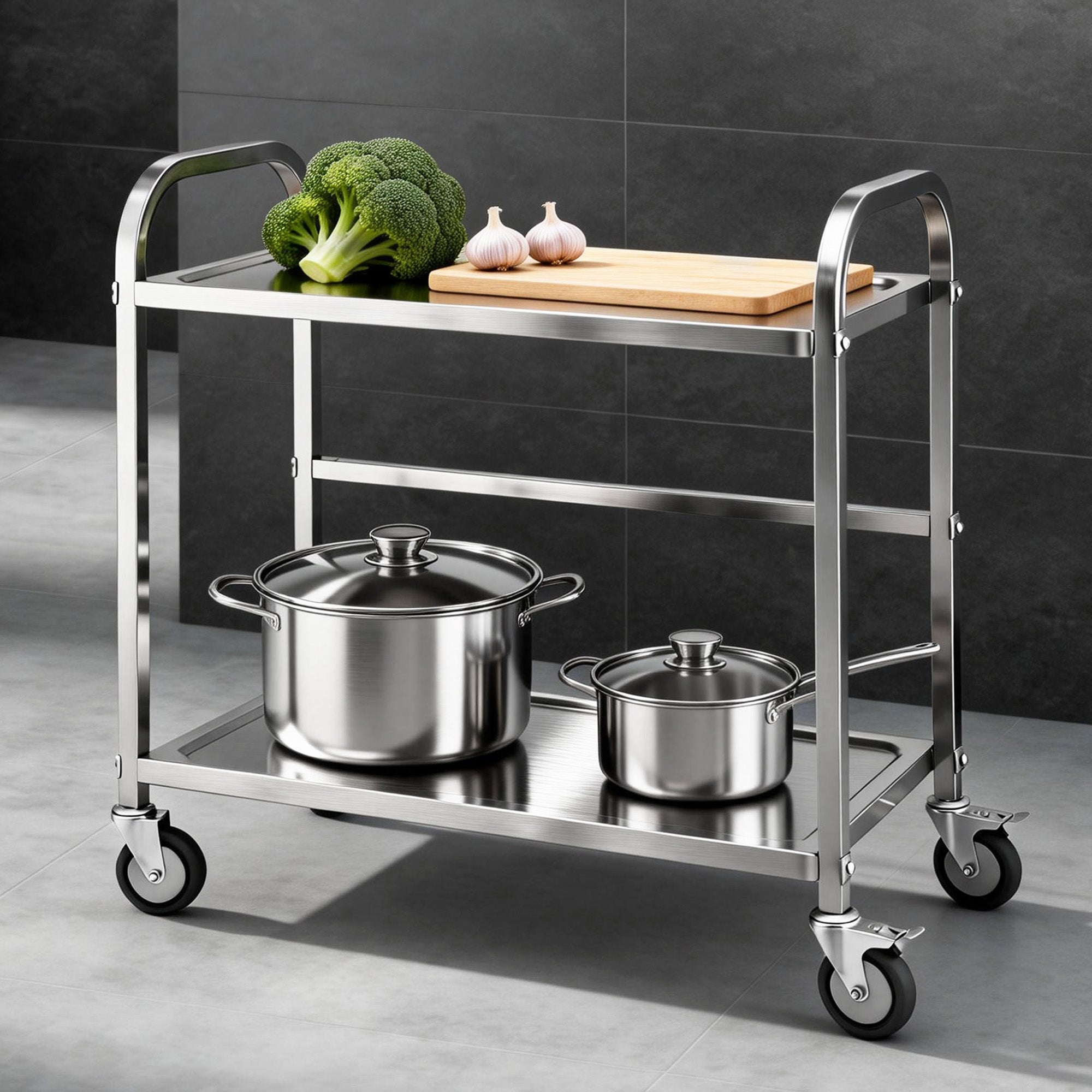 2-Tier Stainless Steel Kitchen Trolley with Wheels 84x56x98cm