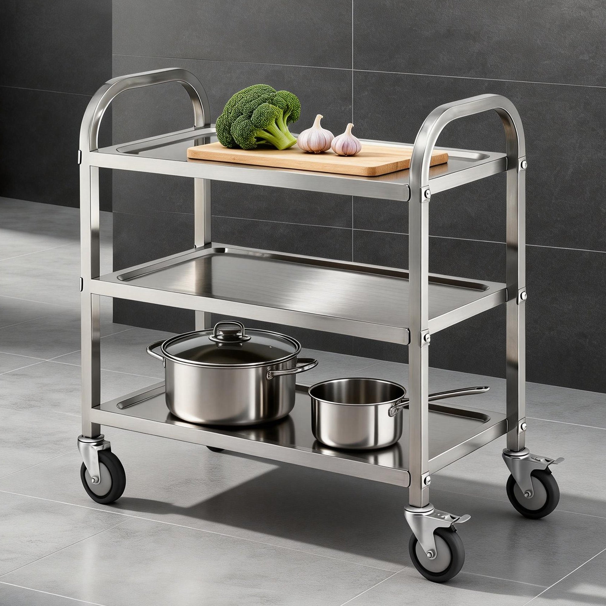 3-Tier Stainless Steel Kitchen Trolley with Wheels 89X50X83cm