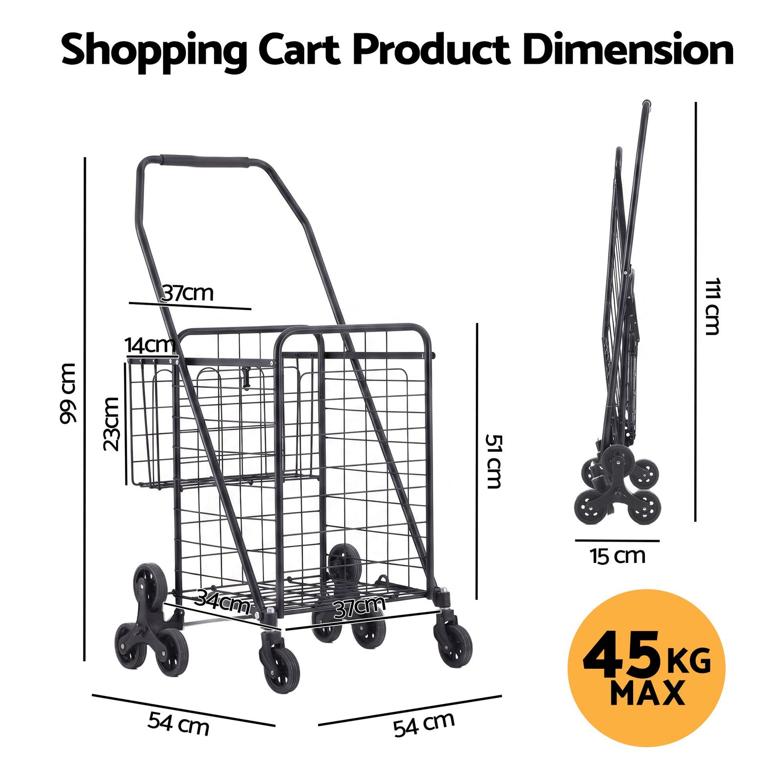 Folding Shopping Trolley – Aluminium Stair‑Climbing Cart, 50kg, Black